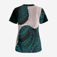 Teal Galaxy Polynesia Tribal Octopus Tattoo Scrub Top Pikake Lei Polynesian Pattern