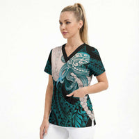 Teal Galaxy Polynesia Tribal Octopus Tattoo Scrub Top Pikake Lei Polynesian Pattern