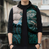 Teal Galaxy Polynesia Tribal Octopus Tattoo Sleeveless Puffer Jacket Pikake Lei Polynesian Pattern