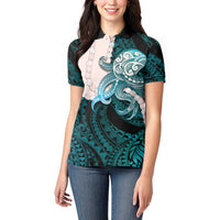 Teal Galaxy Polynesia Tribal Octopus Tattoo Women Polo Shirt Pikake Lei Polynesian Pattern