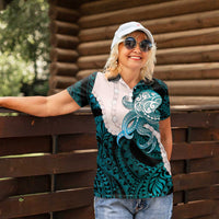 Teal Galaxy Polynesia Tribal Octopus Tattoo Women Polo Shirt Pikake Lei Polynesian Pattern