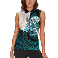 Teal Galaxy Polynesia Tribal Octopus Tattoo Women Sleeveless Polo Shirt Pikake Lei Polynesian Pattern