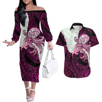 Pink Galaxy Polynesia Tribal Octopus Tattoo Couples Matching Off The Shoulder Long Sleeve Dress and Hawaiian Shirt Pikake Lei Polynesian Pattern
