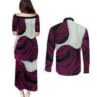 Pink Galaxy Polynesia Tribal Octopus Tattoo Couples Matching Puletasi and Long Sleeve Button Shirt Pikake Lei Polynesian Pattern