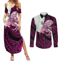 Pink Galaxy Polynesia Tribal Octopus Tattoo Couples Matching Summer Maxi Dress and Long Sleeve Button Shirt Pikake Lei Polynesian Pattern