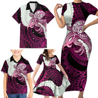 Pink Galaxy Polynesia Tribal Octopus Tattoo Family Matching Short Sleeve Bodycon Dress and Hawaiian Shirt Pikake Lei Polynesian Pattern