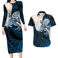 Blue Galaxy Polynesia Tribal Octopus Tattoo Couples Matching Long Sleeve Bodycon Dress and Hawaiian Shirt Pikake Lei Polynesian Pattern