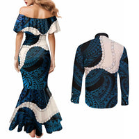 Blue Galaxy Polynesia Tribal Octopus Tattoo Couples Matching Mermaid Dress and Long Sleeve Button Shirt Pikake Lei Polynesian Pattern