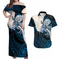 Blue Galaxy Polynesia Tribal Octopus Tattoo Couples Matching Off Shoulder Maxi Dress and Hawaiian Shirt Pikake Lei Polynesian Pattern