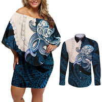Blue Galaxy Polynesia Tribal Octopus Tattoo Couples Matching Off Shoulder Short Dress and Long Sleeve Button Shirt Pikake Lei Polynesian Pattern