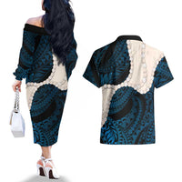 Blue Galaxy Polynesia Tribal Octopus Tattoo Couples Matching Off The Shoulder Long Sleeve Dress and Hawaiian Shirt Pikake Lei Polynesian Pattern