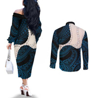 Blue Galaxy Polynesia Tribal Octopus Tattoo Couples Matching Off The Shoulder Long Sleeve Dress and Long Sleeve Button Shirt Pikake Lei Polynesian Pattern