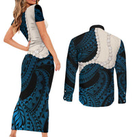 Blue Galaxy Polynesia Tribal Octopus Tattoo Couples Matching Short Sleeve Bodycon Dress and Long Sleeve Button Shirt Pikake Lei Polynesian Pattern
