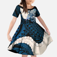 Blue Galaxy Polynesia Tribal Octopus Tattoo Kid Short Sleeve Dress Pikake Lei Polynesian Pattern