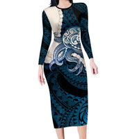 Blue Galaxy Polynesia Tribal Octopus Tattoo Long Sleeve Bodycon Dress Pikake Lei Polynesian Pattern