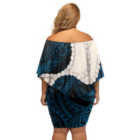 Blue Galaxy Polynesia Tribal Octopus Tattoo Off Shoulder Short Dress Pikake Lei Polynesian Pattern