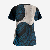 Blue Galaxy Polynesia Tribal Octopus Tattoo Scrub Top Pikake Lei Polynesian Pattern