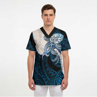 Blue Galaxy Polynesia Tribal Octopus Tattoo Scrub Top Pikake Lei Polynesian Pattern