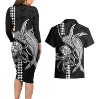 Kanaloa Aloha Hawaii Couples Matching Long Sleeve Bodycon Dress and Hawaiian Shirt Humpback Whale Octopus Tattoo Kakau Pattern