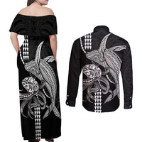 Kanaloa Aloha Hawaii Couples Matching Off Shoulder Maxi Dress and Long Sleeve Button Shirt Humpback Whale Octopus Tattoo Kakau Pattern