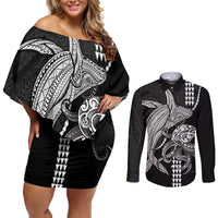 Kanaloa Aloha Hawaii Couples Matching Off Shoulder Short Dress and Long Sleeve Button Shirt Humpback Whale Octopus Tattoo Kakau Pattern