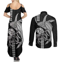 Kanaloa Aloha Hawaii Couples Matching Summer Maxi Dress and Long Sleeve Button Shirt Humpback Whale Octopus Tattoo Kakau Pattern