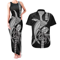 Kanaloa Aloha Hawaii Couples Matching Tank Maxi Dress and Hawaiian Shirt Humpback Whale Octopus Tattoo Kakau Pattern