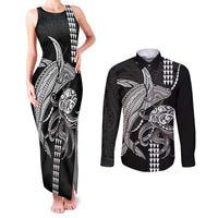 Kanaloa Aloha Hawaii Couples Matching Tank Maxi Dress and Long Sleeve Button Shirt Humpback Whale Octopus Tattoo Kakau Pattern