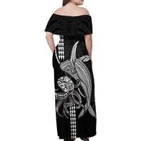 Kanaloa Aloha Hawaii Family Matching Off Shoulder Maxi Dress and Hawaiian Shirt Humpback Whale Octopus Tattoo Kakau Pattern