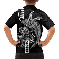 Kanaloa Aloha Hawaii Family Matching Off Shoulder Short Dress and Hawaiian Shirt Humpback Whale Octopus Tattoo Kakau Pattern