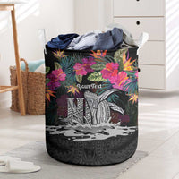 Personalised Hawaii Laundry Basket Humpback Whale Tattoo With Tropical Flowers Black LT14 Black - Polynesian Pride