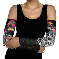 Personalised Hawaii Arm Sleeves Humpback Whale Tattoo With Tropical Flowers Black LT14 - Polynesian Pride