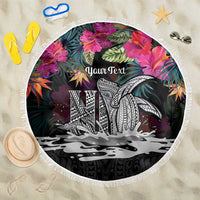 Personalised Hawaii Beach Blanket Humpback Whale Tattoo With Tropical Flowers Black