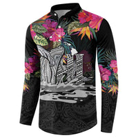 Personalised Hawaii Button Sweatshirt Humpback Whale Tattoo With Tropical Flowers Black