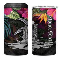 Personalised Hawaii 4 in 1 Can Cooler Tumbler Humpback Whale Tattoo With Tropical Flowers Black