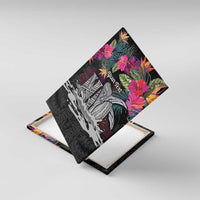 Personalised Hawaii Canvas Wall Art Humpback Whale Tattoo With Tropical Flowers Black
