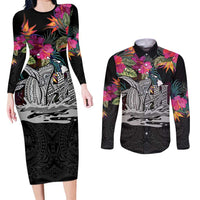 Personalised Hawaii Couples Matching Long Sleeve Bodycon Dress and Long Sleeve Button Shirt Humpback Whale Tattoo With Tropical Flowers Black