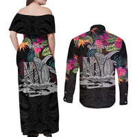 Personalised Hawaii Couples Matching Off Shoulder Maxi Dress and Long Sleeve Button Shirt Humpback Whale Tattoo With Tropical Flowers Black