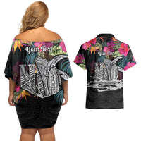 Personalised Hawaii Couples Matching Off Shoulder Short Dress and Hawaiian Shirt Humpback Whale Tattoo With Tropical Flowers Black