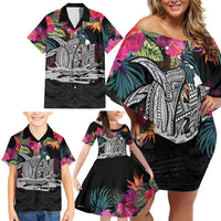 Personalised Hawaii Family Matching Off Shoulder Short Dress and Hawaiian Shirt Humpback Whale Tattoo With Tropical Flowers Black