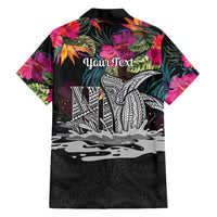 Personalised Hawaii Family Matching Off Shoulder Short Dress and Hawaiian Shirt Humpback Whale Tattoo With Tropical Flowers Black