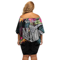 Personalised Hawaii Family Matching Off Shoulder Short Dress and Hawaiian Shirt Humpback Whale Tattoo With Tropical Flowers Black