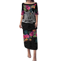 Personalised Hawaii Family Matching Puletasi and Hawaiian Shirt Humpback Whale Tattoo With Tropical Flowers Black