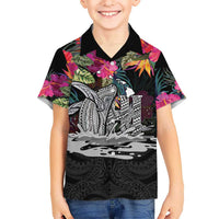 Personalised Hawaii Family Matching Short Sleeve Bodycon Dress and Hawaiian Shirt Humpback Whale Tattoo With Tropical Flowers Black