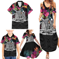 Personalised Hawaii Family Matching Summer Maxi Dress and Hawaiian Shirt Humpback Whale Tattoo With Tropical Flowers Black