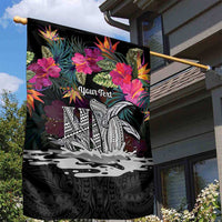 Personalised Hawaii Garden Flag Humpback Whale Tattoo With Tropical Flowers Black LT14 - Polynesian Pride