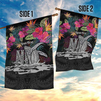 Personalised Hawaii Garden Flag Humpback Whale Tattoo With Tropical Flowers Black LT14 - Polynesian Pride