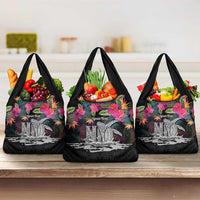 Personalised Hawaii Grocery Bag Humpback Whale Tattoo With Tropical Flowers Black LT14 3-pack One Size Black - Polynesian Pride