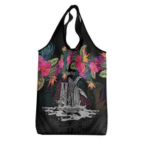 Personalised Hawaii Grocery Bag Humpback Whale Tattoo With Tropical Flowers Black LT14 - Polynesian Pride
