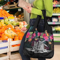 Personalised Hawaii Grocery Bag Humpback Whale Tattoo With Tropical Flowers Black LT14 - Polynesian Pride